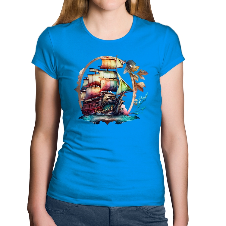 Baby Look Algodão Navio e Flores - Azul