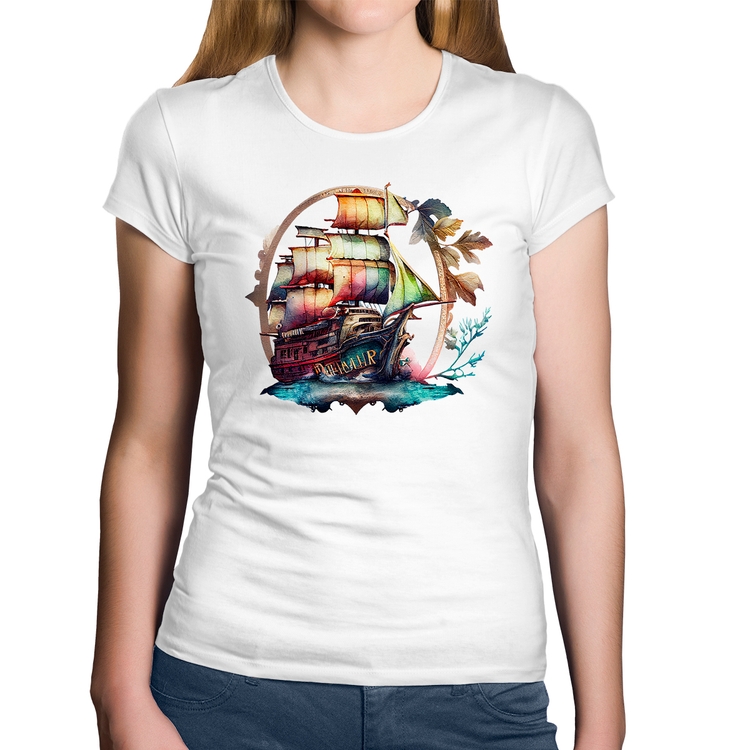 Baby Look Algodão Navio e Flores - Branca