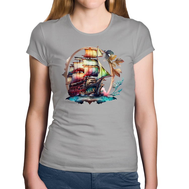 Baby Look Algodão Navio e Flores - Cinza