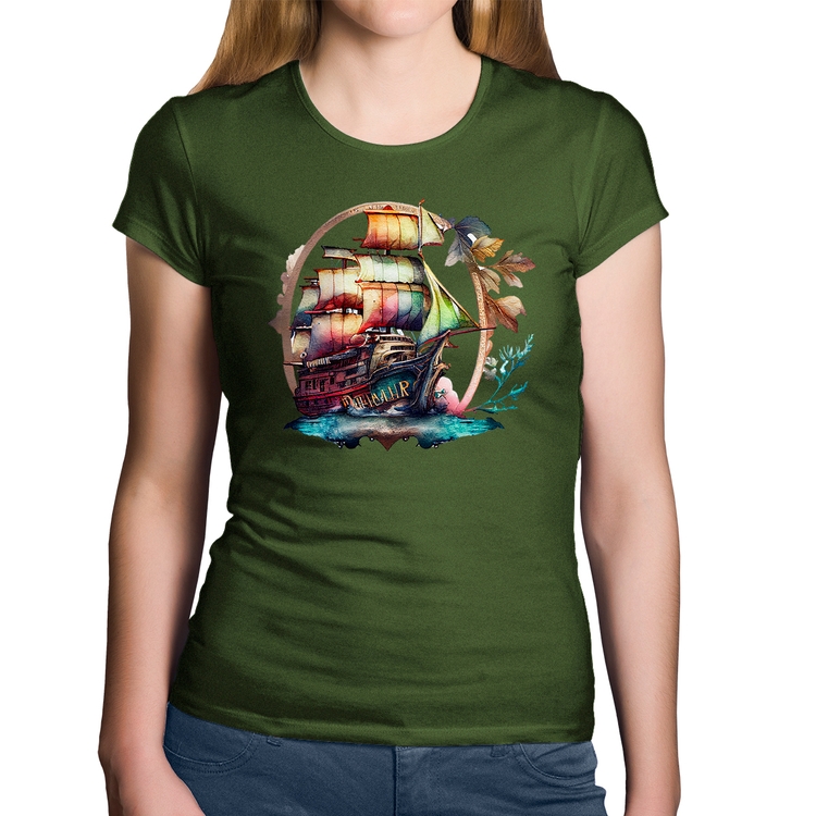 Baby Look Algodão Navio e Flores - Musgo