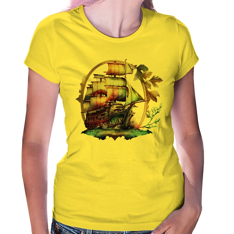 Baby Look Navio e Flores - Amarela