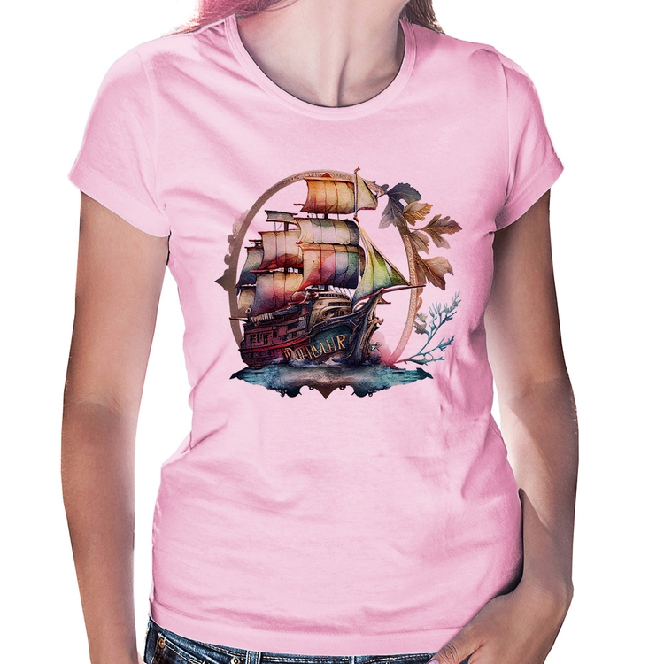 Baby Look Navio e Flores - Rosa Bebê