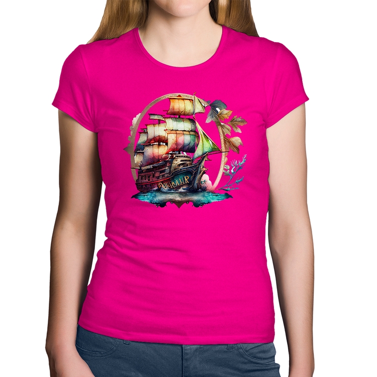 Baby Look Algodão Navio e Flores - Rosa