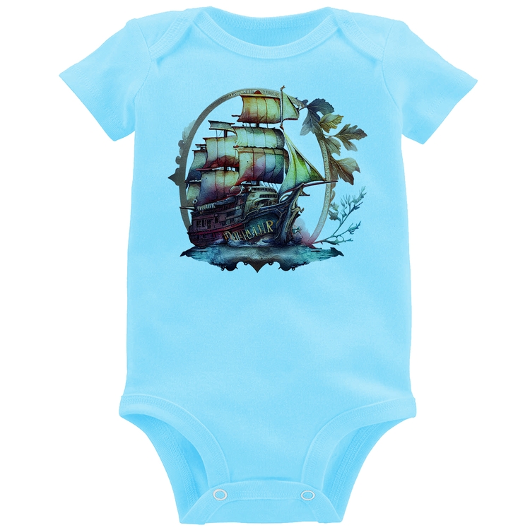 Body Bebê Navio e Flores - Azul Bebê