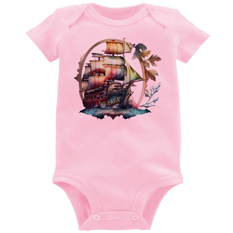 Body Bebê Navio e Flores - Rosa Bebê