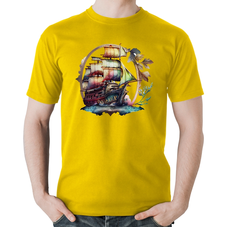 Camiseta Algodão Navio e Flores - Amarela