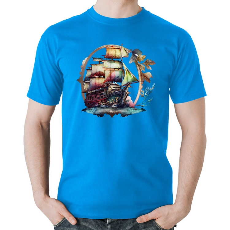 Camiseta Algodão Navio e Flores - Azul