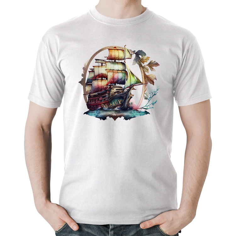 Camiseta Algodão Navio e Flores - Branca