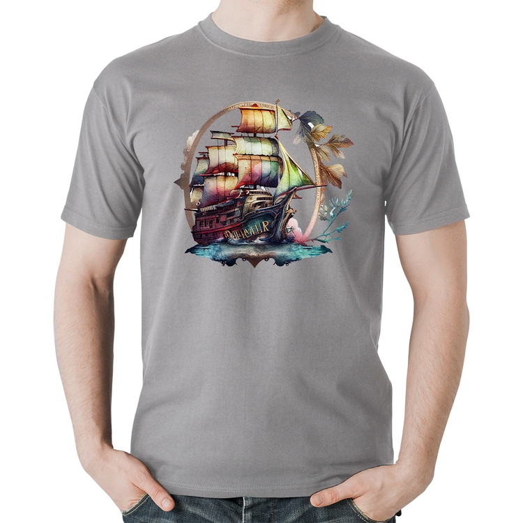 Camiseta Algodão Navio e Flores - Cinza