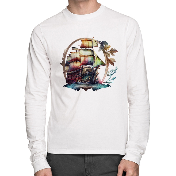 Camiseta Algodão Navio e Flores Manga Longa - Branca