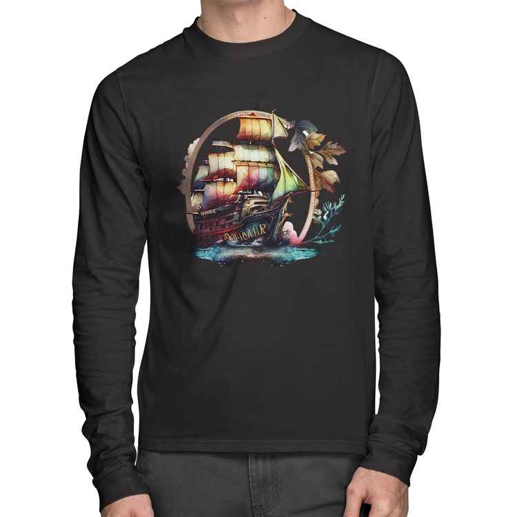Camiseta Algodão Navio e Flores Manga Longa