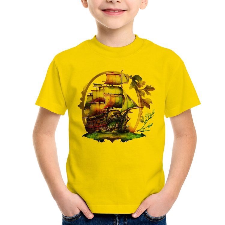 Camiseta Infantil Navio e Flores - Amarela