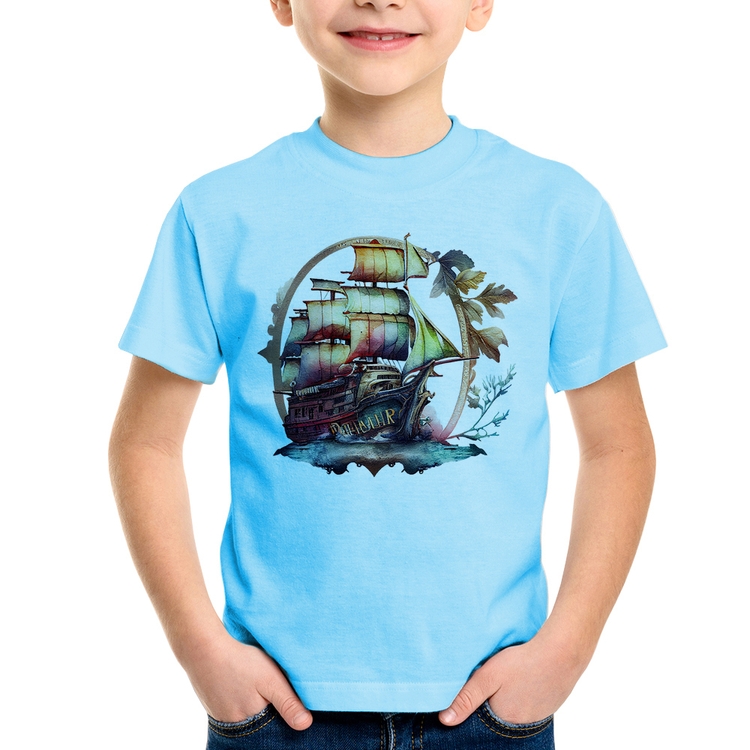 Camiseta Infantil Navio e Flores - Azul Bebê