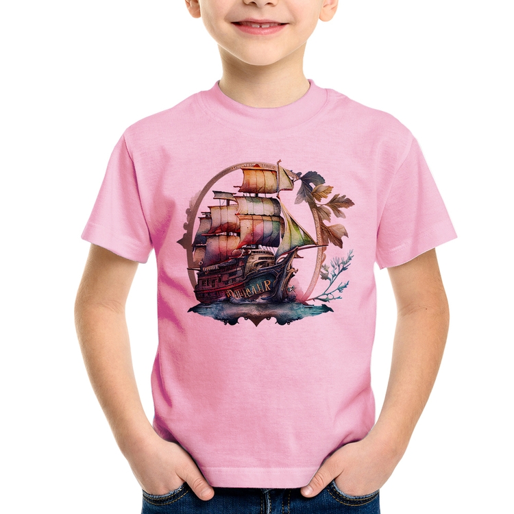 Camiseta Infantil Navio e Flores - Rosa Bebê
