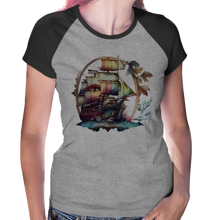 Baby Look Raglan Navio e Flores - Cinza/Preto