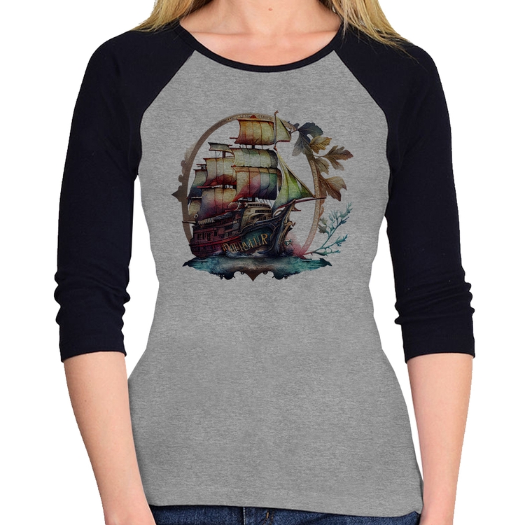 Baby Look Raglan Navio e Flores Manga 3/4 - Cinza/Preto