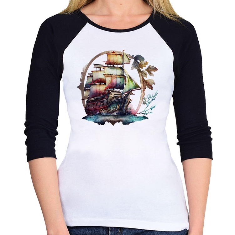 Baby Look Raglan Navio e Flores Manga 3/4