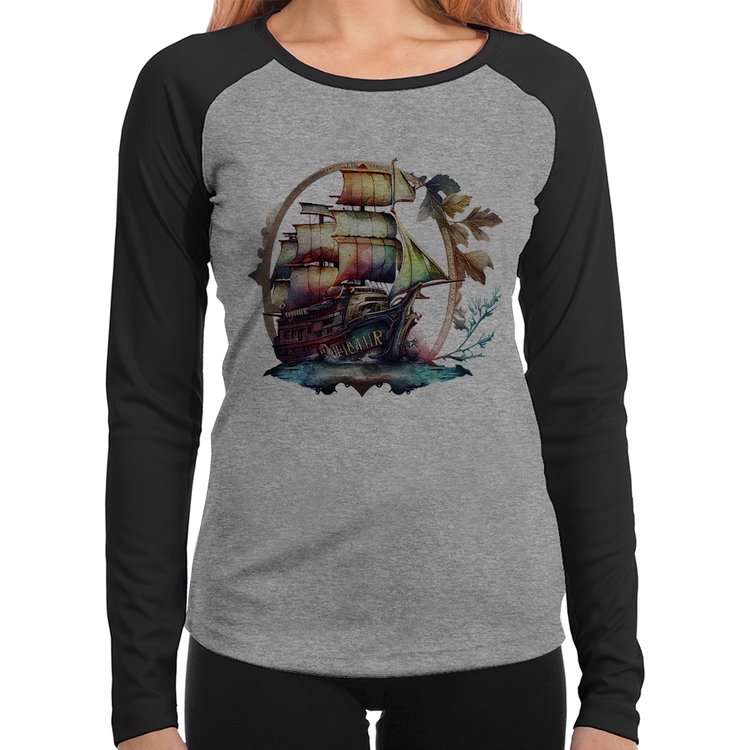 Baby Look Raglan Navio e Flores Manga Longa - Cinza/Preto