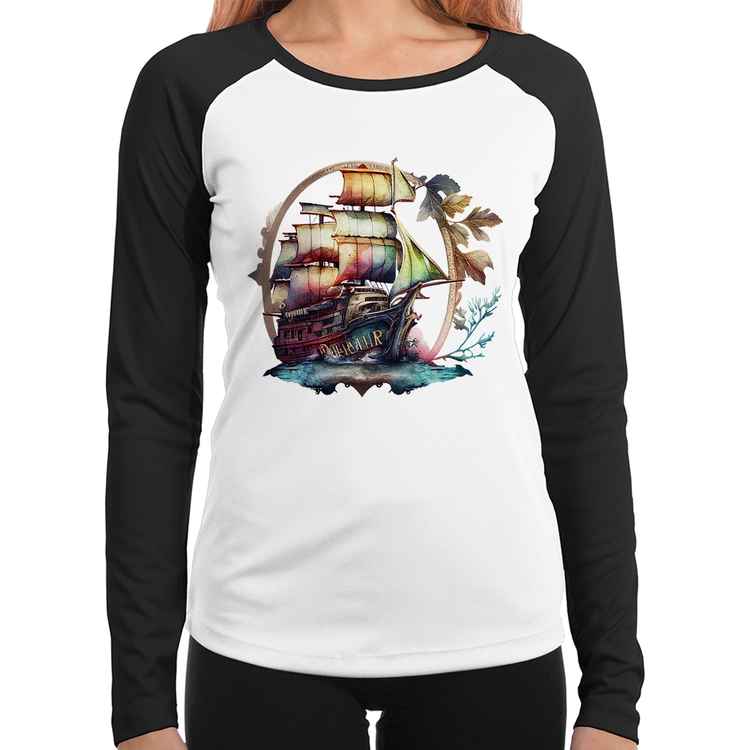 Baby Look Raglan Navio e Flores Manga Longa
