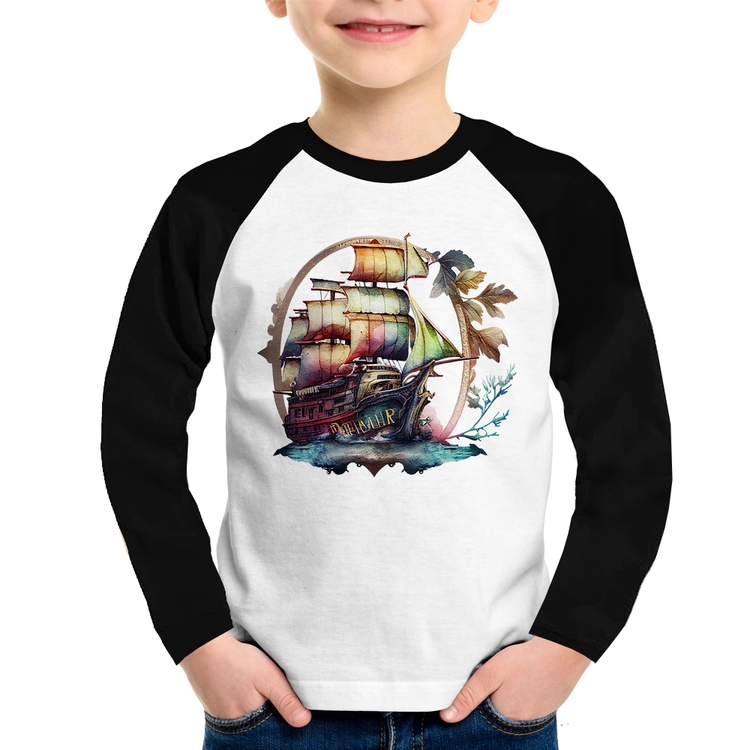 Camiseta Raglan Infantil Navio e Flores Manga Longa