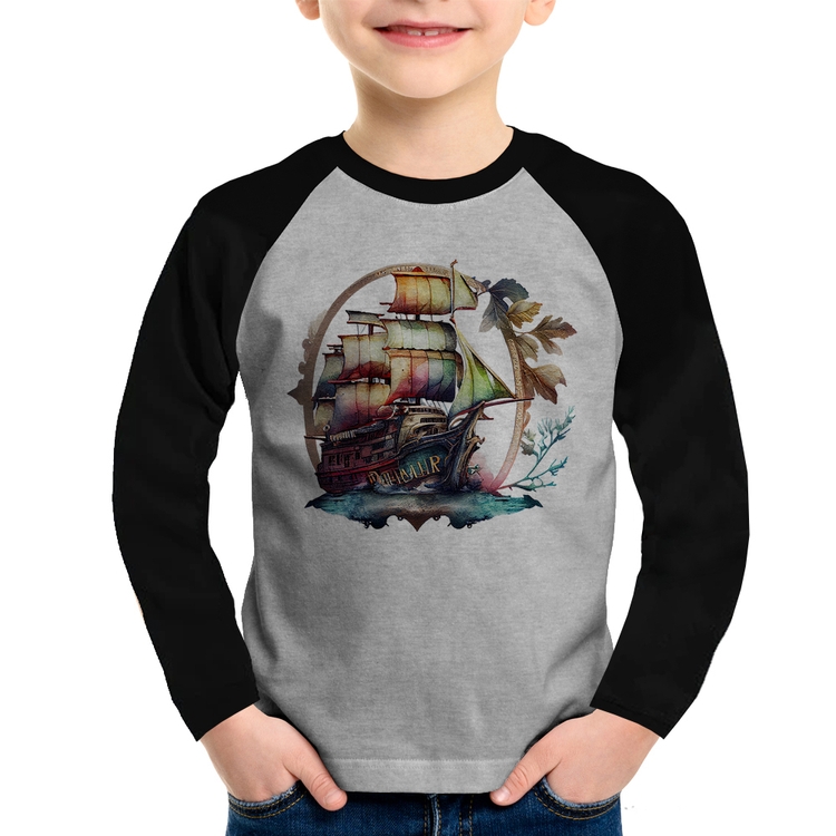 Camiseta Raglan Infantil Navio e Flores Manga Longa - Cinza/Preto
