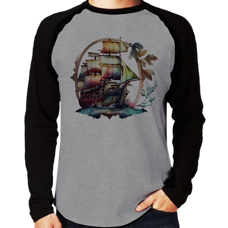 Camiseta Raglan Navio e Flores Manga Longa - Cinza/Preto