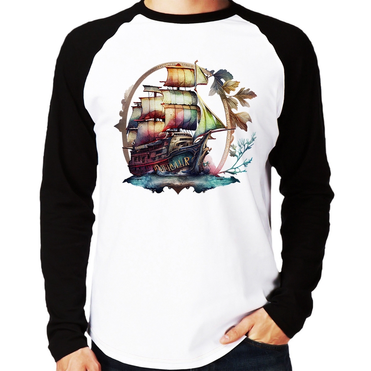 Camiseta Raglan Navio e Flores Manga Longa