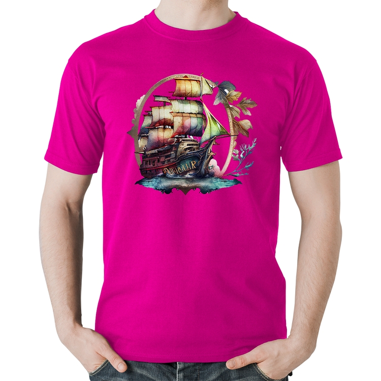 Camiseta Algodão Navio e Flores - Rosa