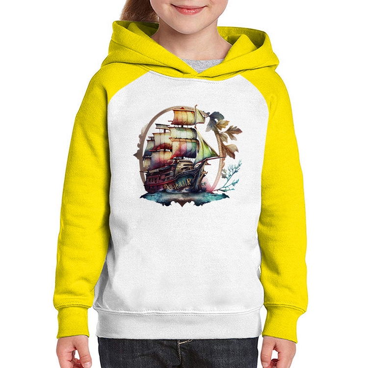 Moletom Infantil Navio e Flores - Branco/Amarelo