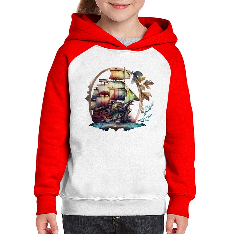 Moletom Infantil Navio e Flores - Branco/Vermelho
