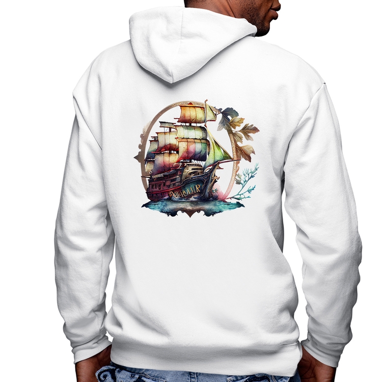 Blusa Moletom Navio e Flores Masculina com Capuz e Zíper - Branca