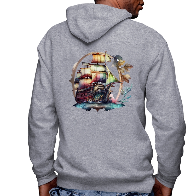 Blusa Moletom Navio e Flores Masculina com Capuz e Zíper - Mescla