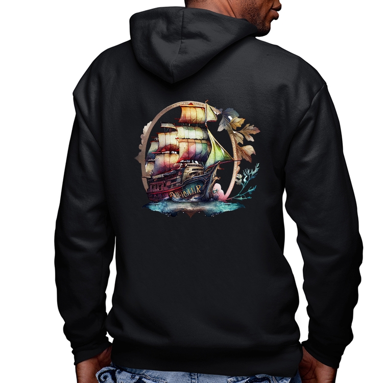 Blusa Moletom Navio e Flores Masculina com Capuz e Zíper