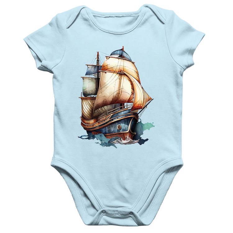 Body Bebê Algodão Navio Vintage - Azul Bebê