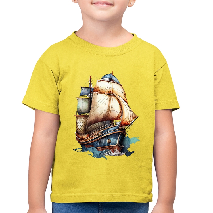Camiseta Algodão Infantil Navio Vintage - Amarelo Canário