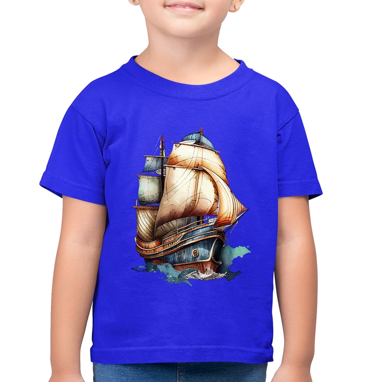 Camiseta Algodão Infantil Navio Vintage - Azul Royal
