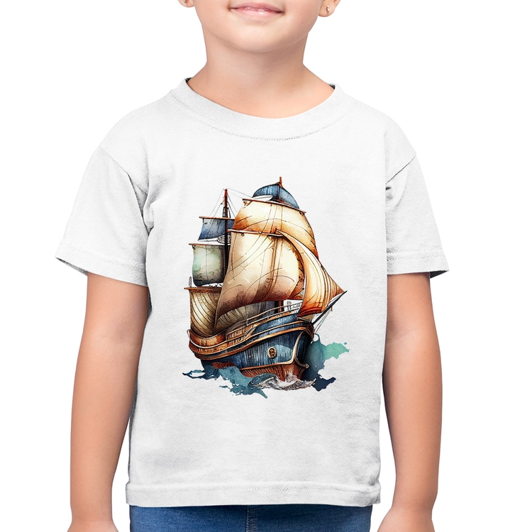 Camiseta Algodão Infantil Navio Vintage - Branca