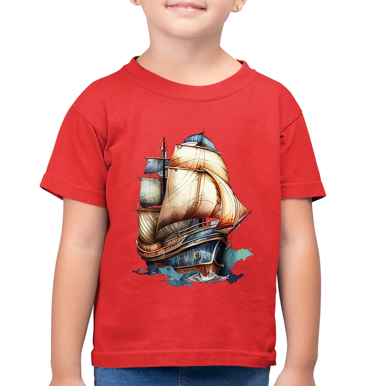 Camiseta Algodão Infantil Navio Vintage - Vermelha
