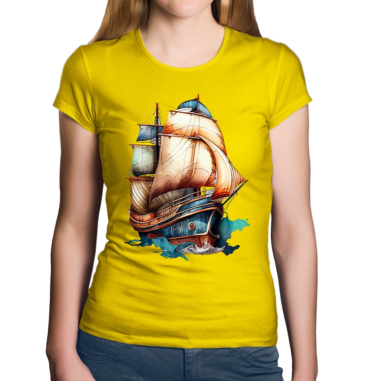 Baby Look Algodão Navio Vintage - Amarela