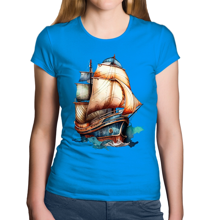 Baby Look Algodão Navio Vintage - Azul