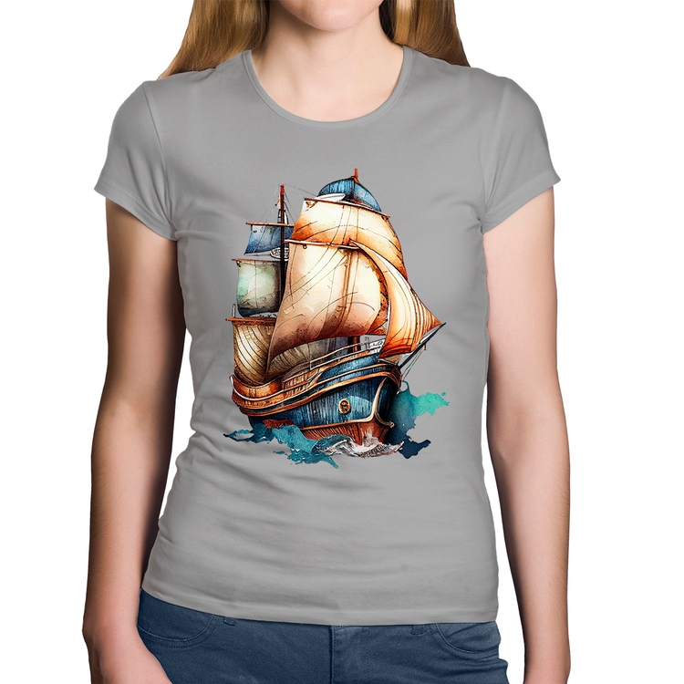 Baby Look Algodão Navio Vintage - Cinza