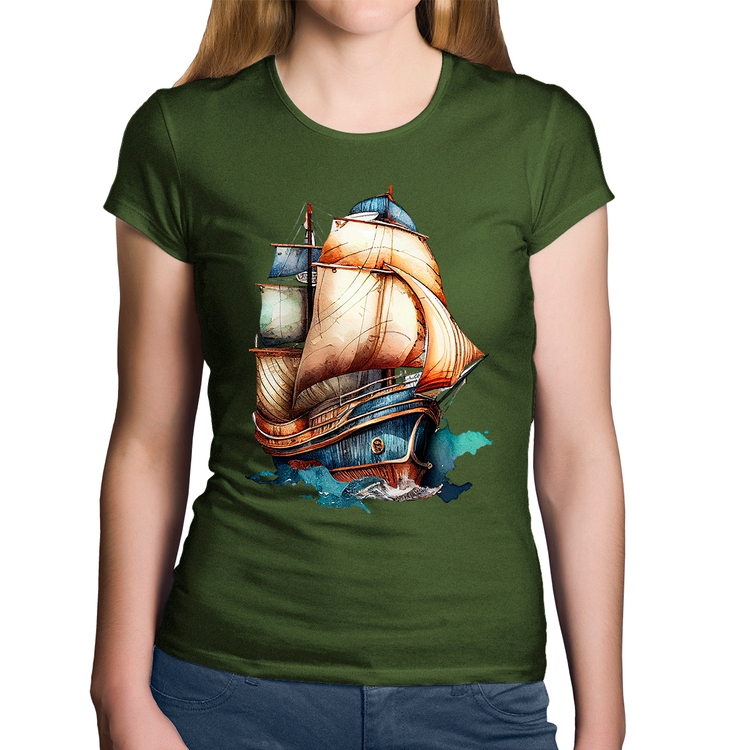 Baby Look Algodão Navio Vintage - Musgo