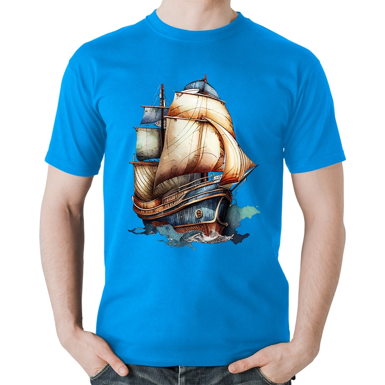 Camiseta Algodão Navio Vintage - Azul