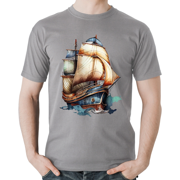 Camiseta Algodão Navio Vintage - Cinza