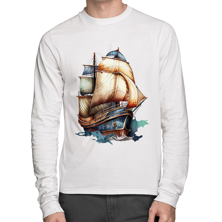 Camiseta Algodão Navio Vintage Manga Longa - Branca