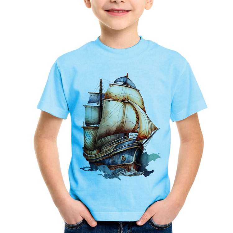 Camiseta Infantil Navio Vintage - Azul Bebê