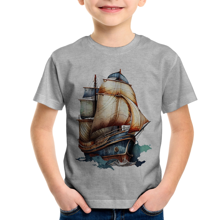 Camiseta Infantil Navio Vintage - Cinza