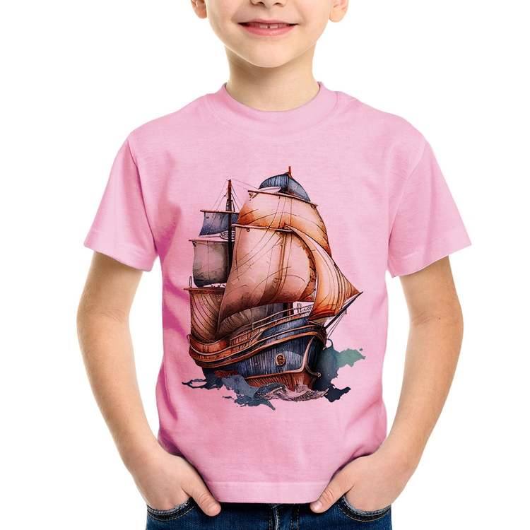 Camiseta Infantil Navio Vintage - Rosa Bebê