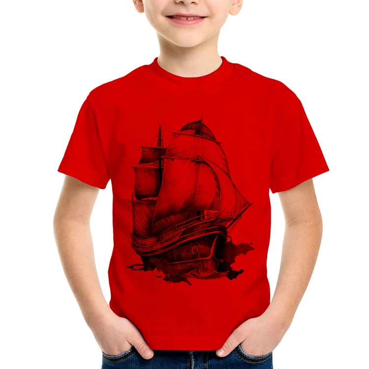 Camiseta Infantil Navio Vintage - Vermelha