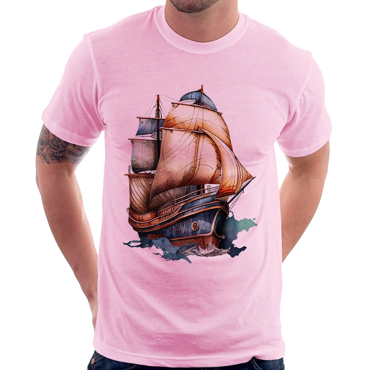Camiseta Navio Vintage - Rosa Bebê